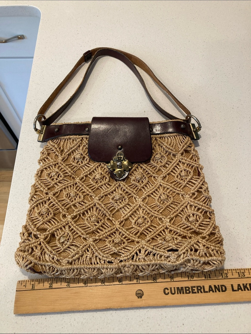 Etienne Aigner Vintage Tan Woven Macramé Shoulder Bag with Brown Leather Trim